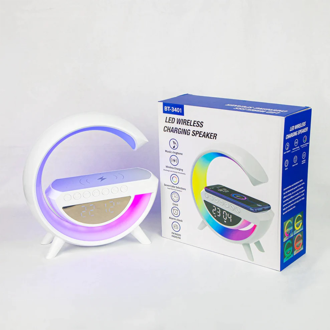 Lampa LED Birou RGB cu incarcare Wireless, Bluetooth, Ceas, Alarma si USB